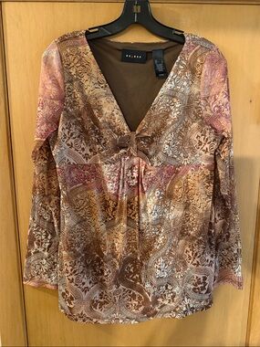 Axcess Women’s Y2K Vintage Mesh V Neck Blouse Top Babydoll Brown Size Large